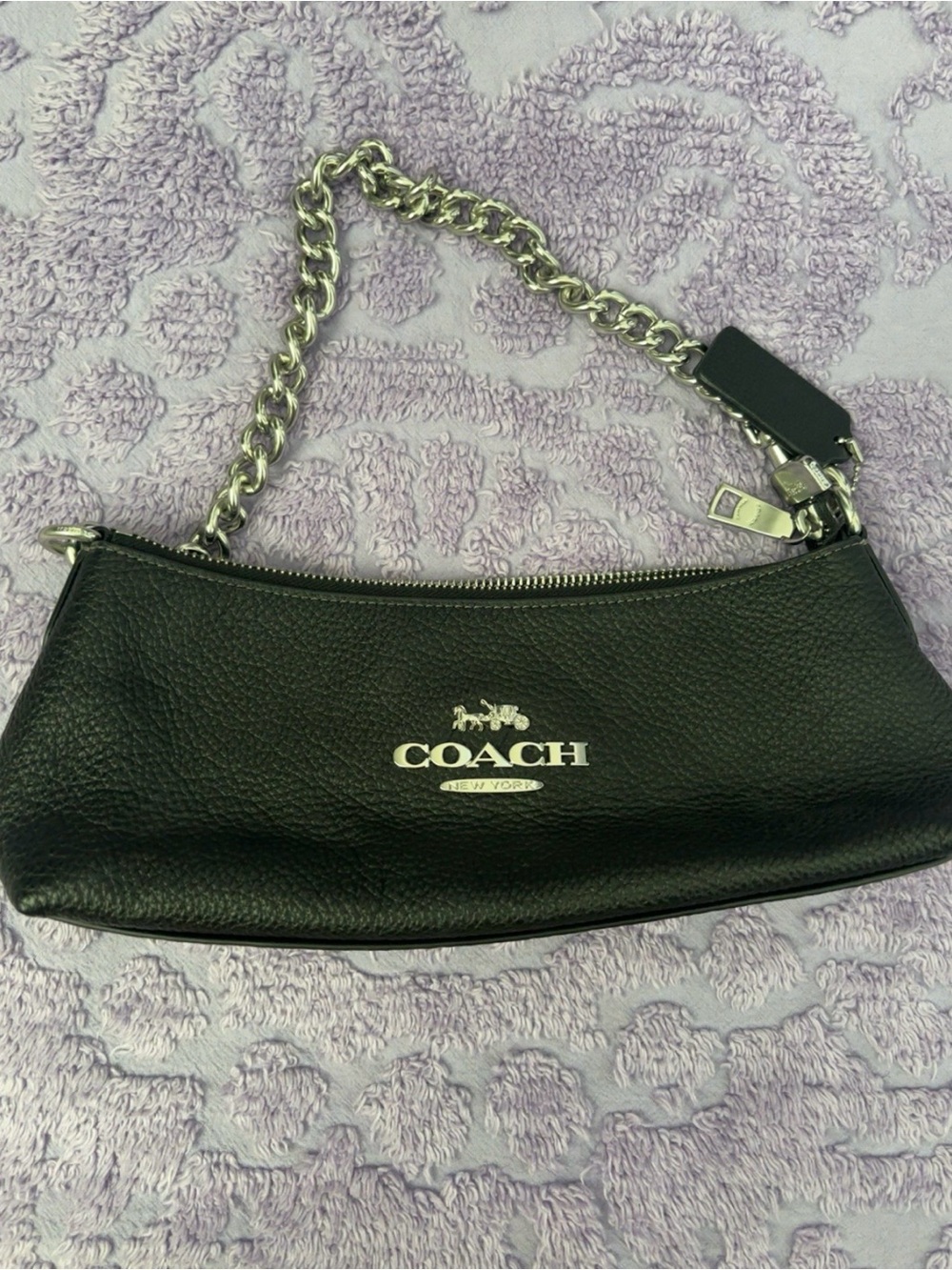 Coach Black Pebbled Leather Shoulder Bag with Silver Chain